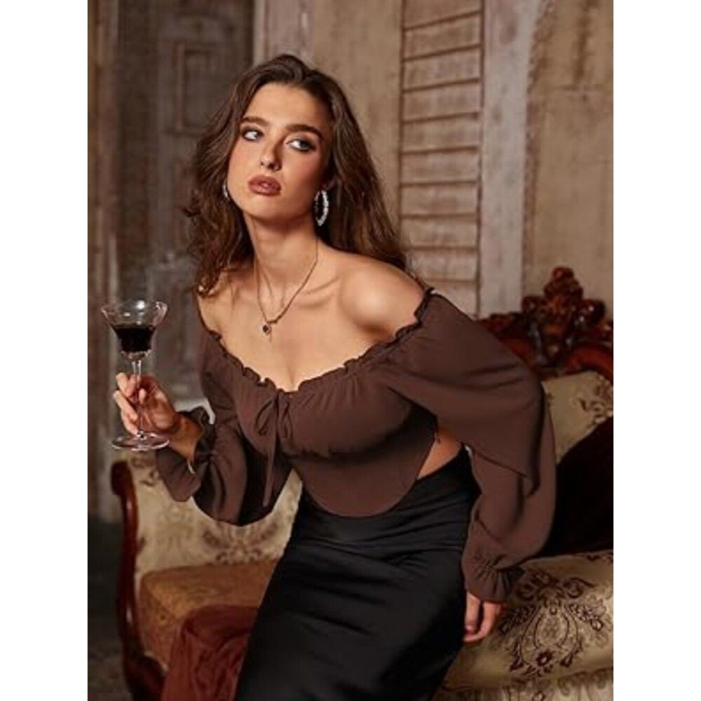 Vintage Corset Tops for Women Renaissance Blouse Off Shoulder Long Sleeve Top S - Picture 3 of 5